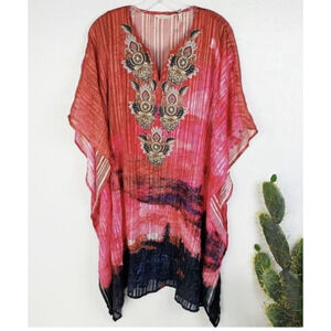 Soft Surroundings womens s m pink bohemian embellished maxi kaftan dress kimono